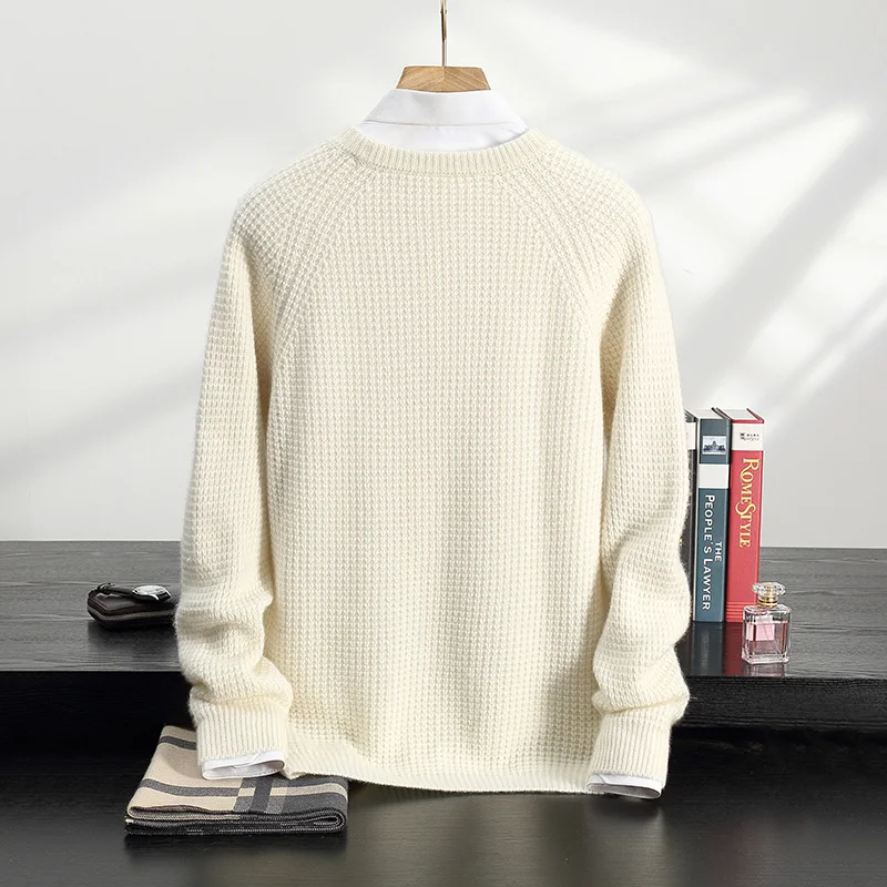 Autumn And Winter New 100% Cashmere Round Neck Men's Raglan Padded Sweater Business Casual Long Sleeve Bottoming Cashmere Top.