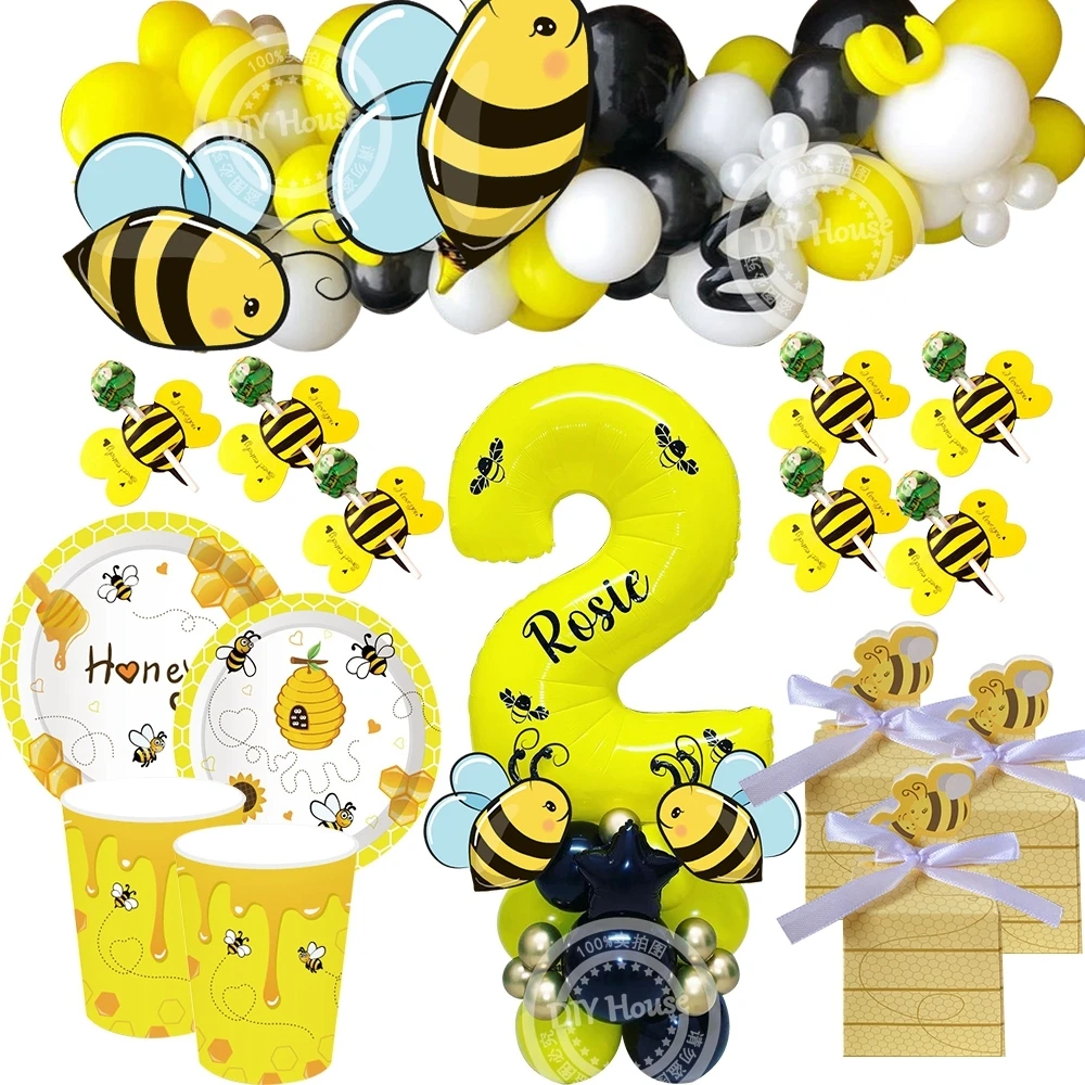 

Honey Bee Balloon Tower Set with Disposable Tableware Paper Cake Toppers for Kids Happy Bee Day Themed Birthday Party Decoration