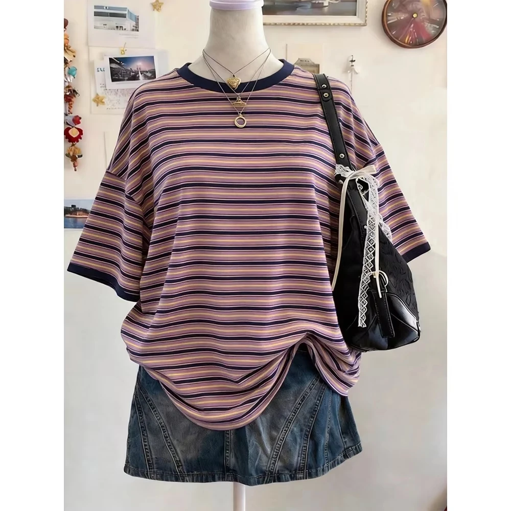 2026 Y2K Gestreiftes Digital-Print Lässiges Oversize-T-Shirt mit Rundhalsausschnitt für Damen und Kinder, Street-Fashion Casual Sport-Oberteil – Detail 9