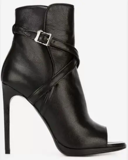 

New Black Matte Leather Peep Tor Twist Cross Strap Buckle Ankle Boots Women Fashion Thin Heels Modern Short Booties Size 45