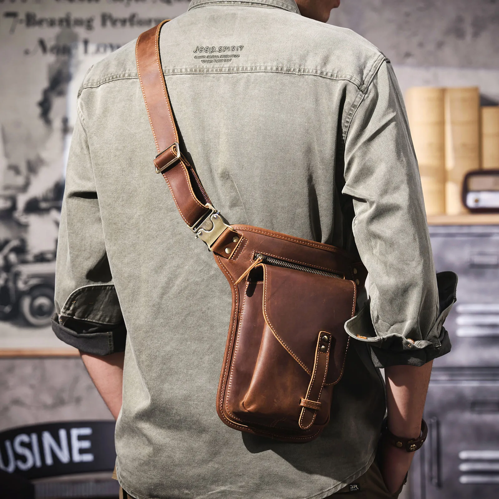 Vintage Herren Echtes Leder Taille Tasche Casual Schulter Taschen Top Schicht Rindsleder Outdoor Handy Holster Crazy Horse Leder – Detail 6