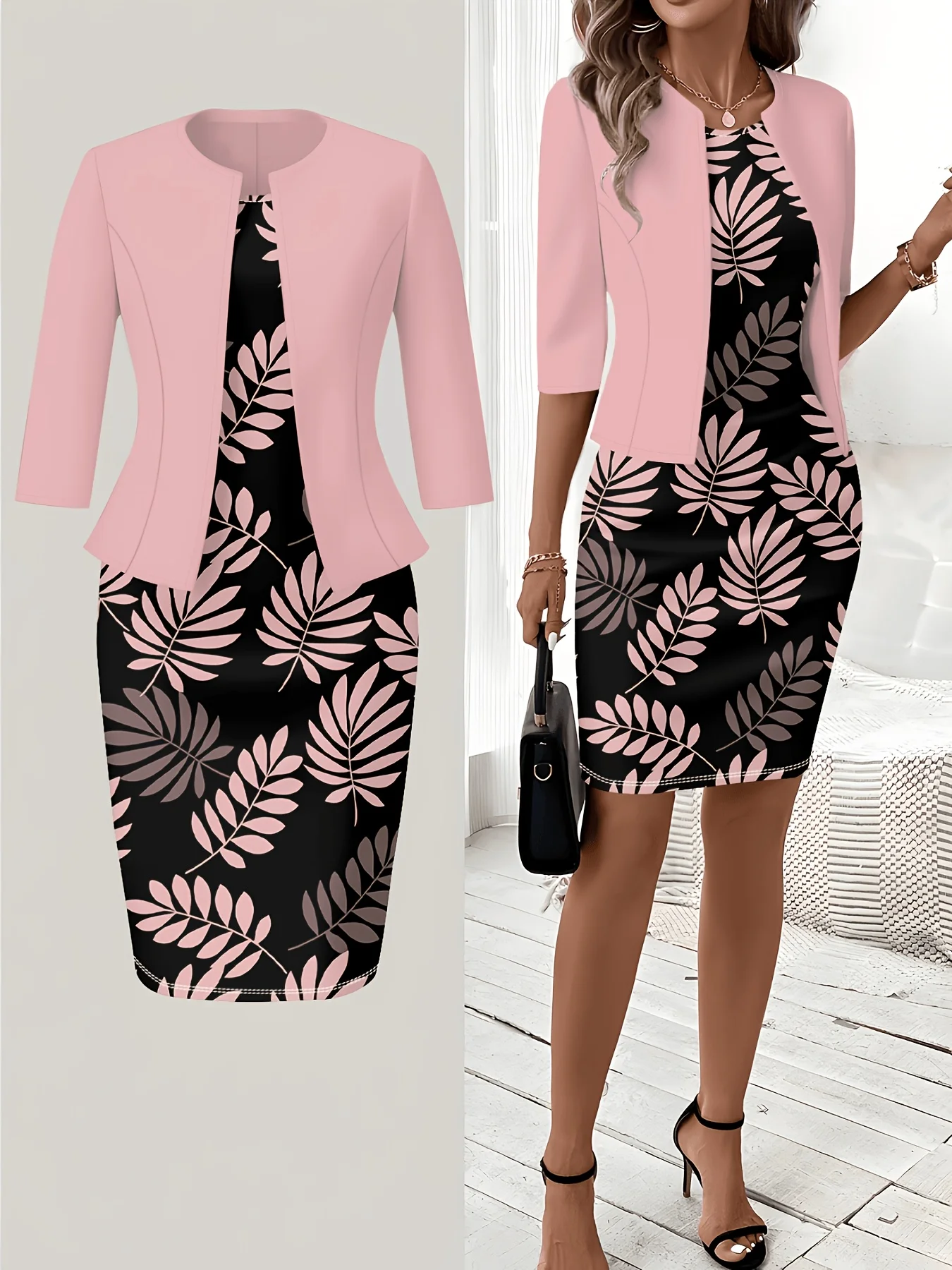 Printed design Casual Style Pink And Black Leaf Print Round Neck Tank Dress Set