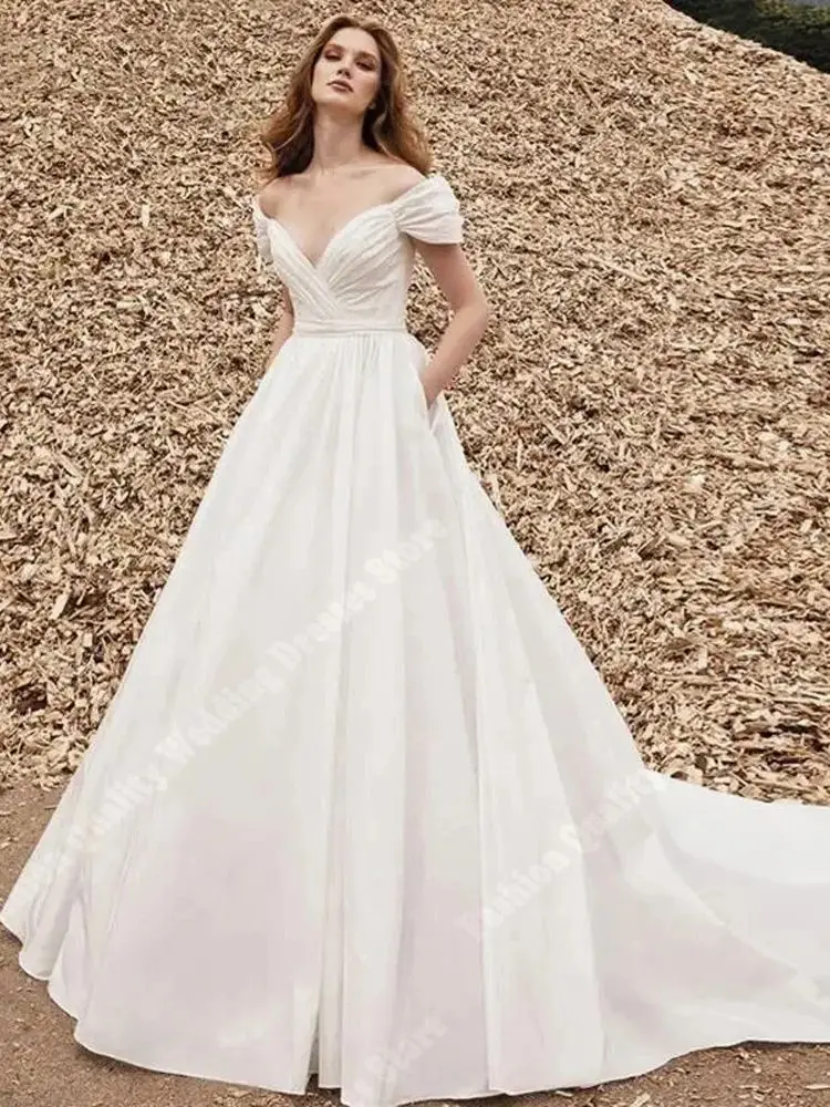 Vestidos De novia con hombros descubiertos y cuello en V para mujer, Vestidos De novia con superficie satinada, longitud para fregar, Vestidos De fiesta personalizados