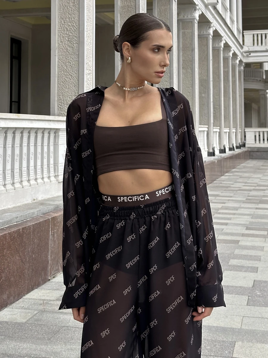 

Wolfeel Beach Style Chiffon Printed Shirt Pants 2-Piece Set Summer New Long Sleeves Loose Pants Women's Fashion Casual Suit