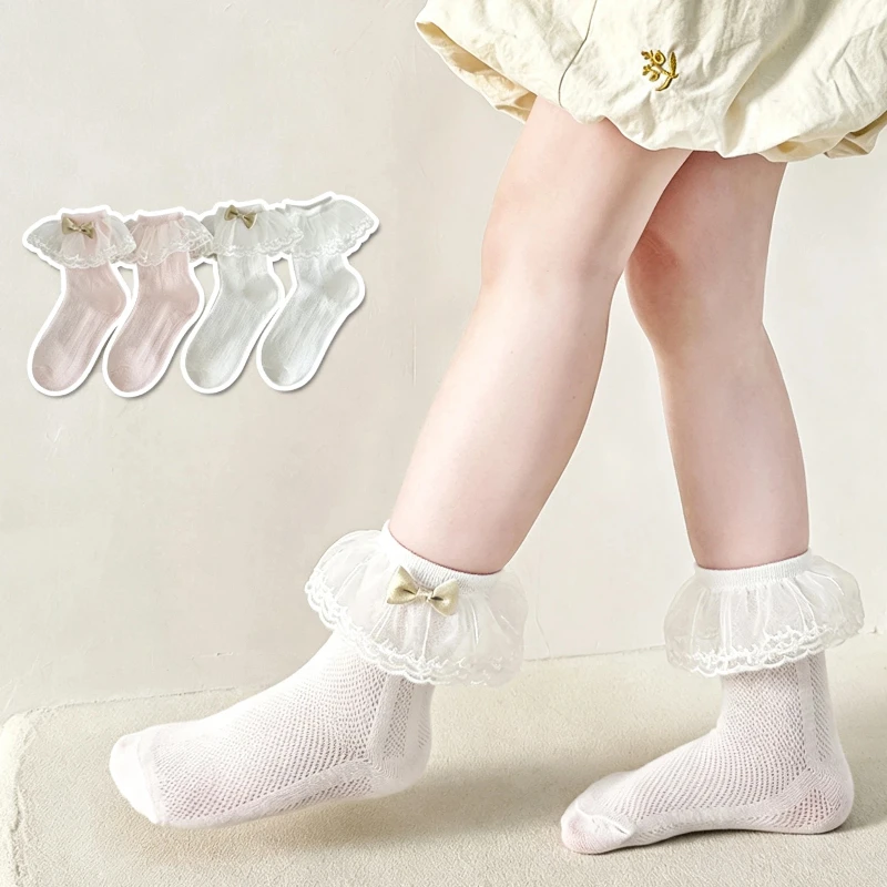 Cute Toddler Princess Ankle Socks Embroidery Work Extra Big Ruffled Lace Edge And Green Bow Decor Soft Comfy Elastic Short Socks