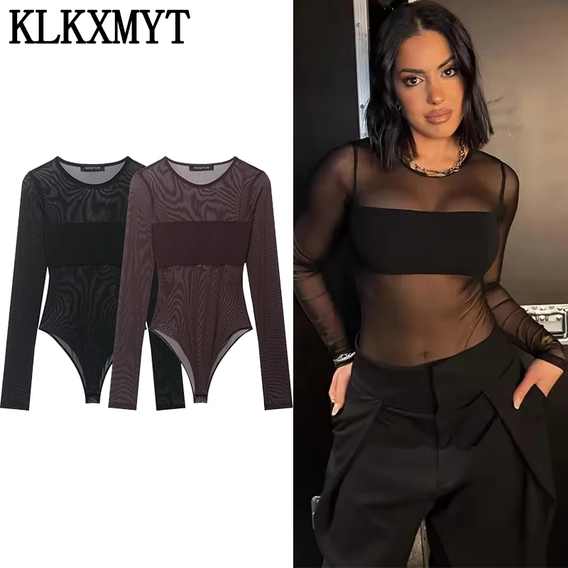 

KLKXMYT Chic Sexy Tulle See Through Short Jumpsuit Women Long Sleeve Bodysuits O Neck Slim Elegant Jumpsuit Female Romper Tops ﻿