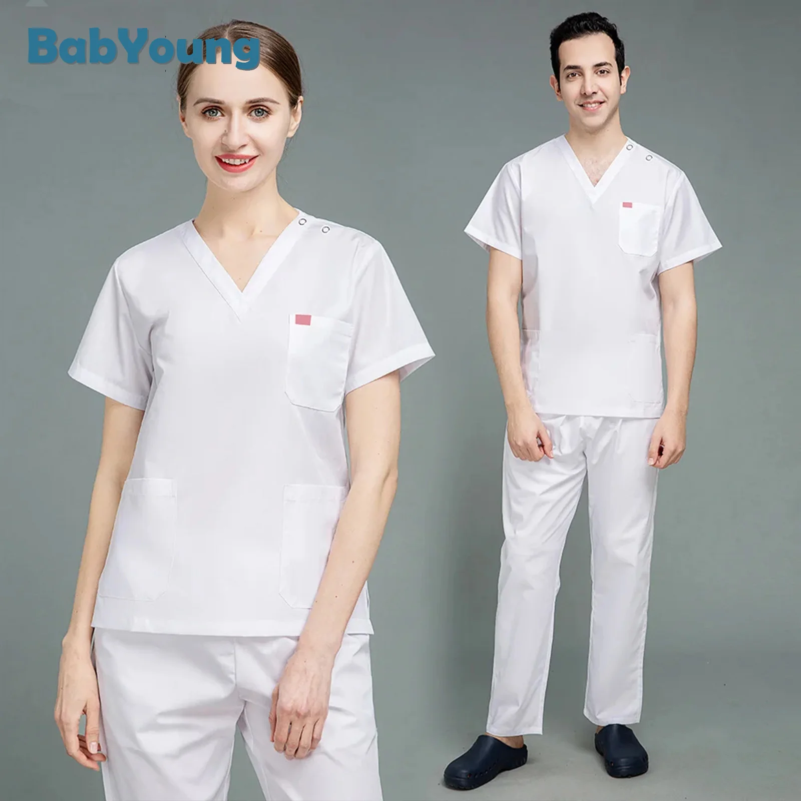 Abito medico chirurgico a maniche corte bottone Unisex infermieristica Top + pantalone ospedale medico infermiere abiti da lavoro Pet Grooming Scrub uniforme