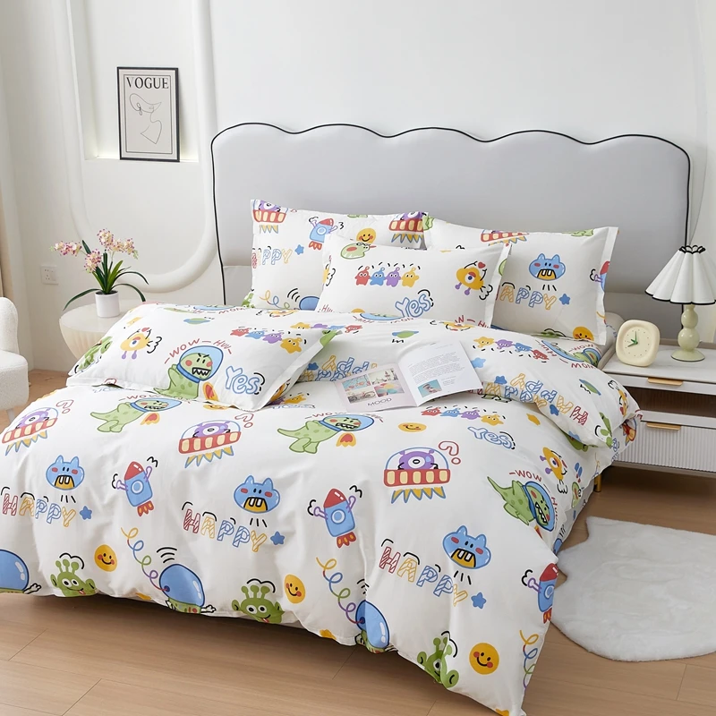 Cartoon Monster Cotton Duvet Cover Set Teens Cute Dinosaur Rocket Comforter Covers Breathable Bedding Decor with 2 Pillowcase