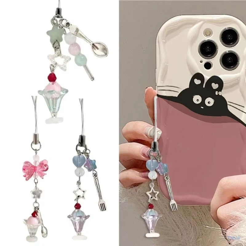 Phone Cute Bowknot Ice Cream Pendant Phone Chain Mobile Phone Charm Strap Lanyard Keychain For Iphone Accessory Women Jewelry