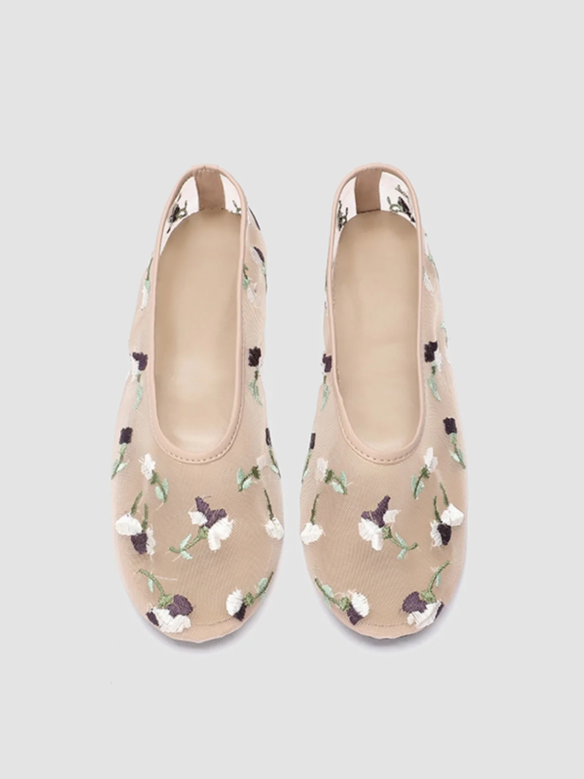 2024年春秋新作-刺繍入りネットバレエフラットシューズ-おしゃれなおばあちゃん靴-ラウンドトゥ-多用途-通気性-シングルシューズ