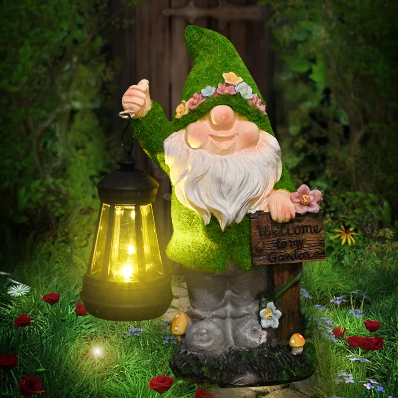 Solar Flocked Gnome Statue with Hanging Lantern, Resin Garden Ornament, Outdoor Patio Decor Solar Light