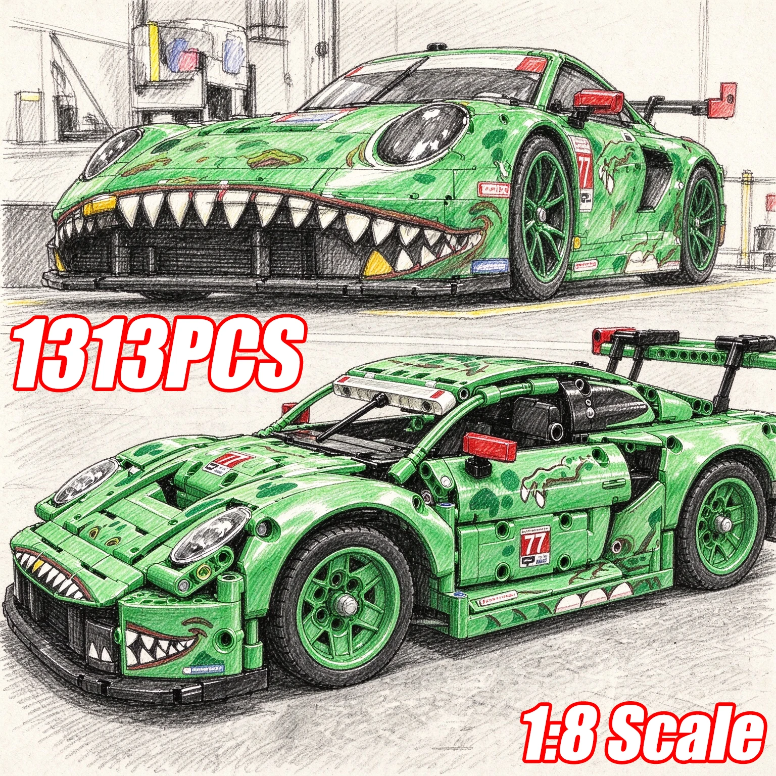 New Technical 1313PCS 1:8 Scale GT3 Racing Car Model DIY Assembly Advanced Construction MOC Replica Exclusive Kits Birthday Gift