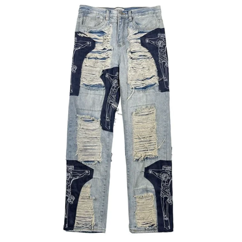 Spring Y2K Men's Vintage Ripped Jeans Clothes Fashion Denim Trousers Cross Splicing Streetwear Straight Baggy Pants For Men