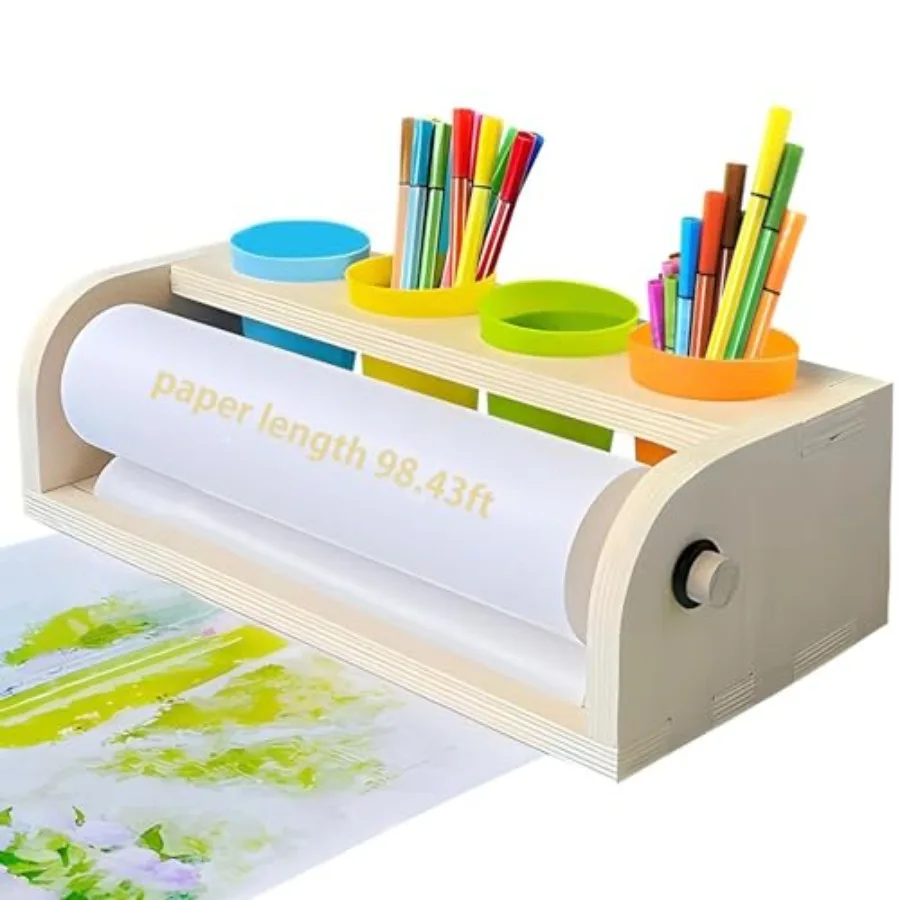 

Wooden Tabletop Paper Roll Dispenser with Roll 11.4inx98.4ft and Pencil Cups Craft Art Paper Roll Holder for Desktop Easel for
