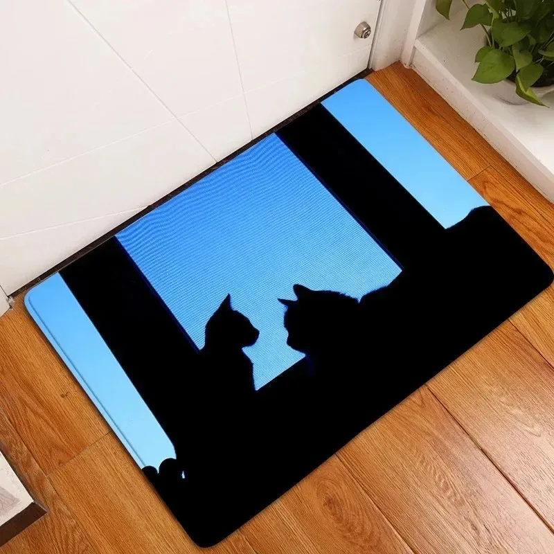 Fußmatte mit Katzen-Silhouette und künstlerischem blauem Fenster-Design, rutschfeste Bodenmatte für die Dekoration von Katzenliebhaber im Hauseingang