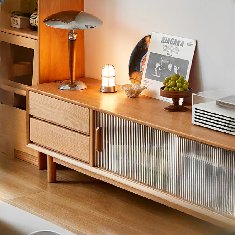 

Full solid wood TV cabinet, white oak, cherry wood coffee table combination, natural wood style, floor to ceiling storage