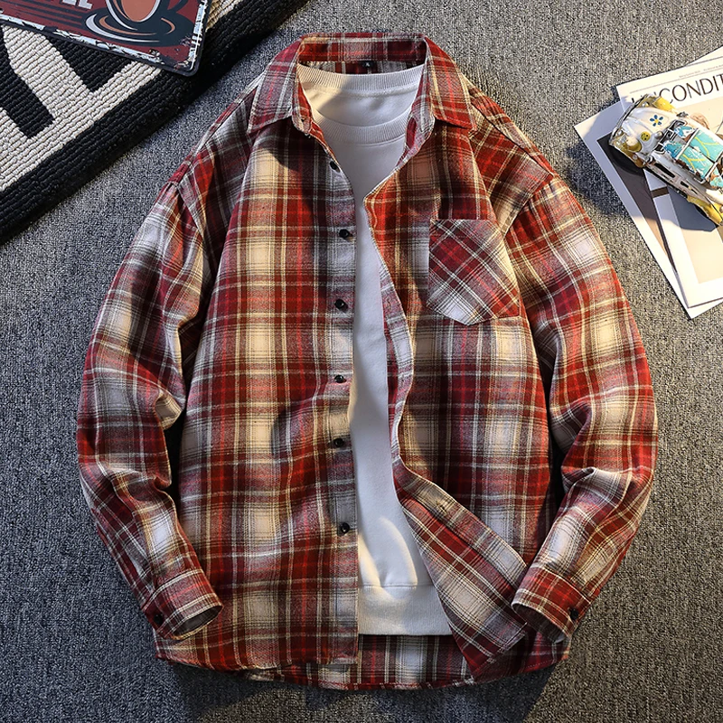 Men's Plaid Shirt Jacket Casual Long-sleeved Streetwear Young Adults Korean Fashion High Street Outwear Spring Man Clothing Top