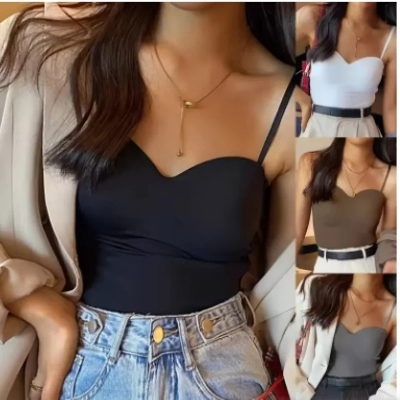 2026 Solid Color Women's White Top Sleeveless Thin Straps Camisole Summer Tank Top with Cups Summer Ice Silk Comfortable Sling