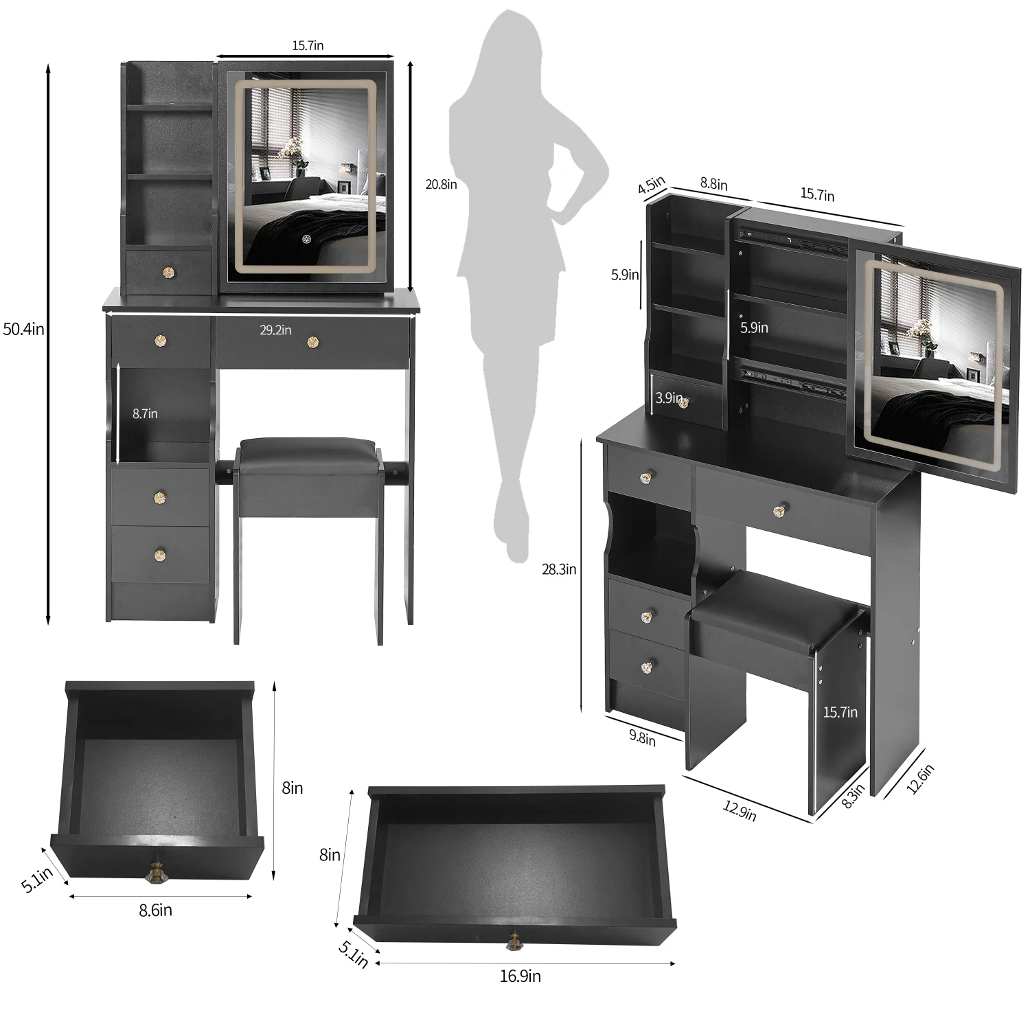 Small Size Desktop Vanity Table + LED Mirror + Cushioned Stool - Touch Control, Tri-color Switching, Brightness Adjust. EPA, GCC