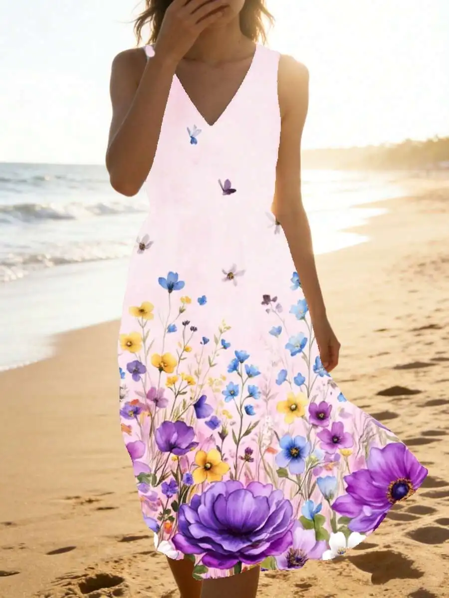 

V Neck Sleeveless Floral Butterfly Print Beach Dress For Women