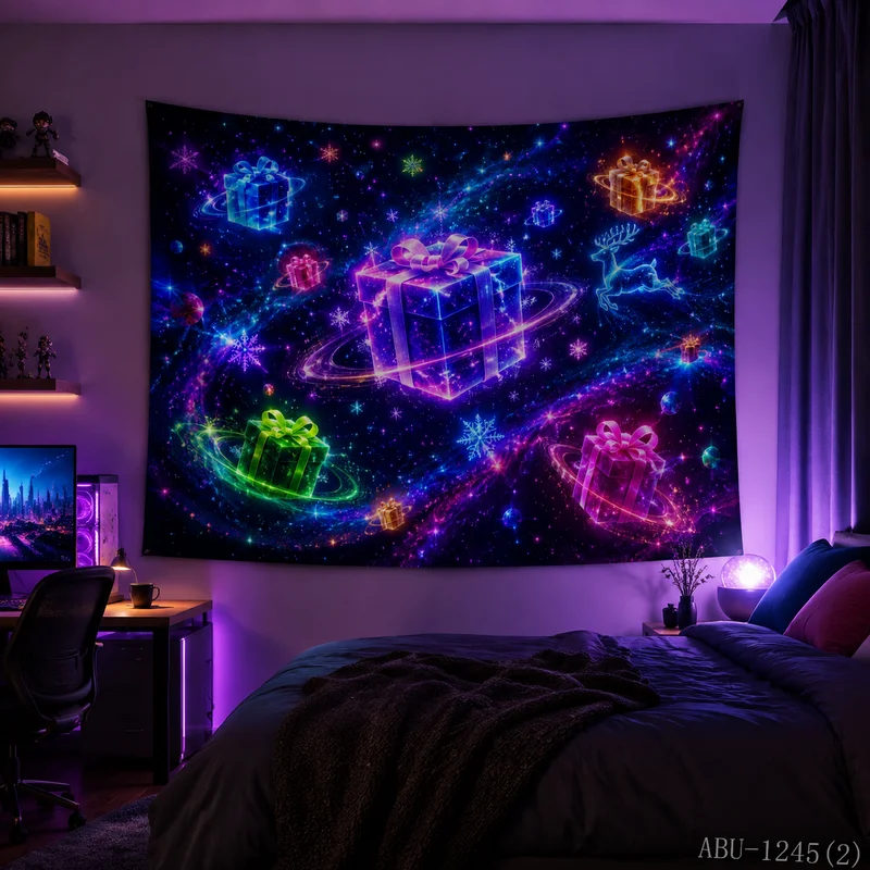 VIKAMA Interstellar Galaxy Surround Gift Box Elk Snowflake Christmas Tapestry HD Background Wall Room Decoration