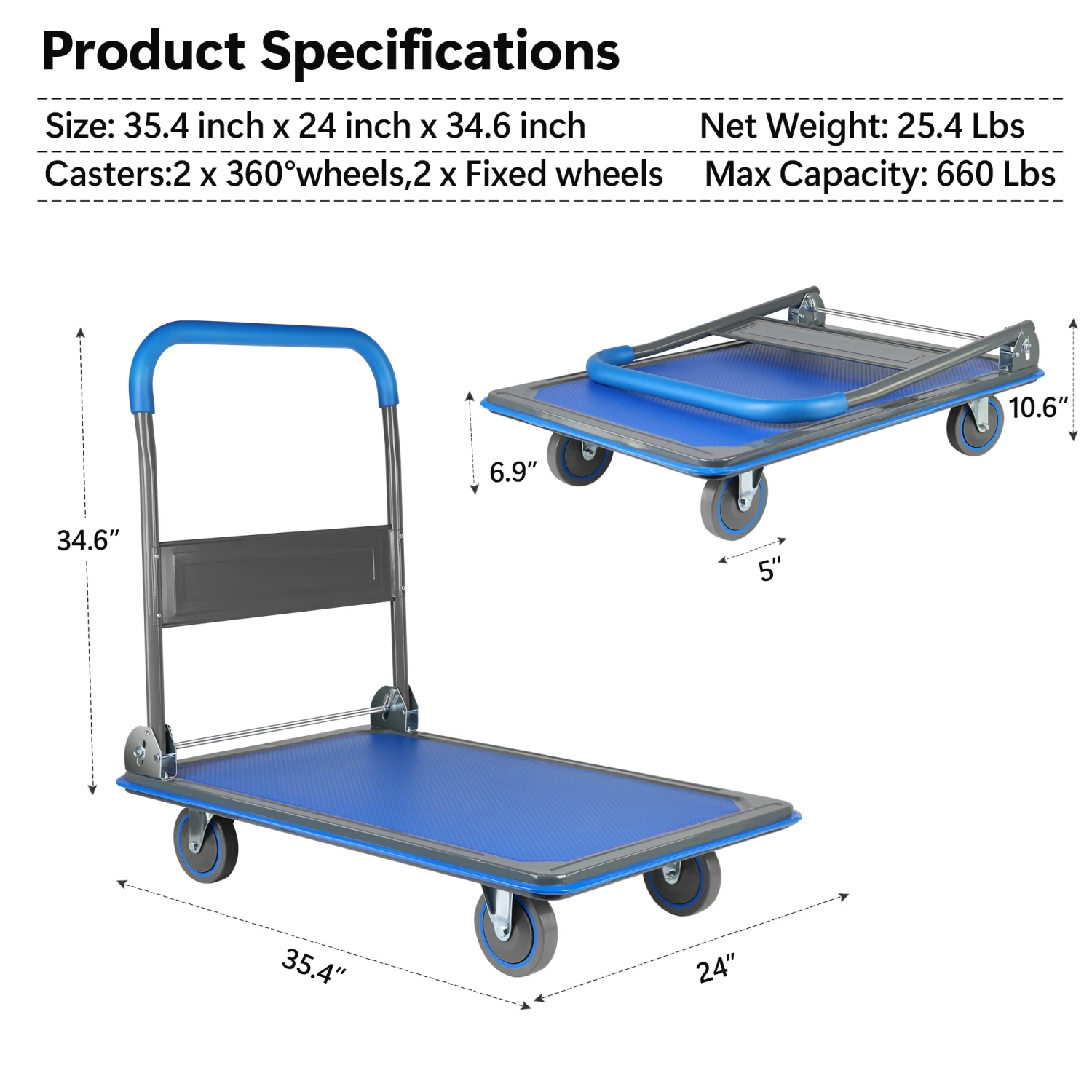 

Folding 660lbs Dolly Cart Platform Truck with Wheels Heavy Duty Rolling Tool Cart