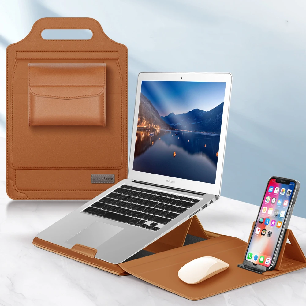 Laptop Holder Case for MacBook Pro Air 16 15.4 13.3 12 11 Bag PU Leather Sleeve Detachable Notebook Cover with Phone Holder