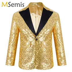 Blazer de lentejuelas brillantes para niño, chaqueta elegante para niño, esmoquin para boda, banquete, fiesta de cumpleaños, Hip Hop, Jazz, actuación en escenario