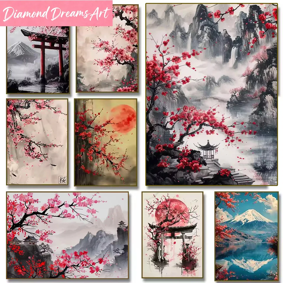 Kit de Bordado de Punto de Cruz con Mosaico de Diamantes 5D, Sin Marco, Arte de Pintura de Diamantes, Diseño Vintage de Montaña con Flores de Cerezo Japonesas