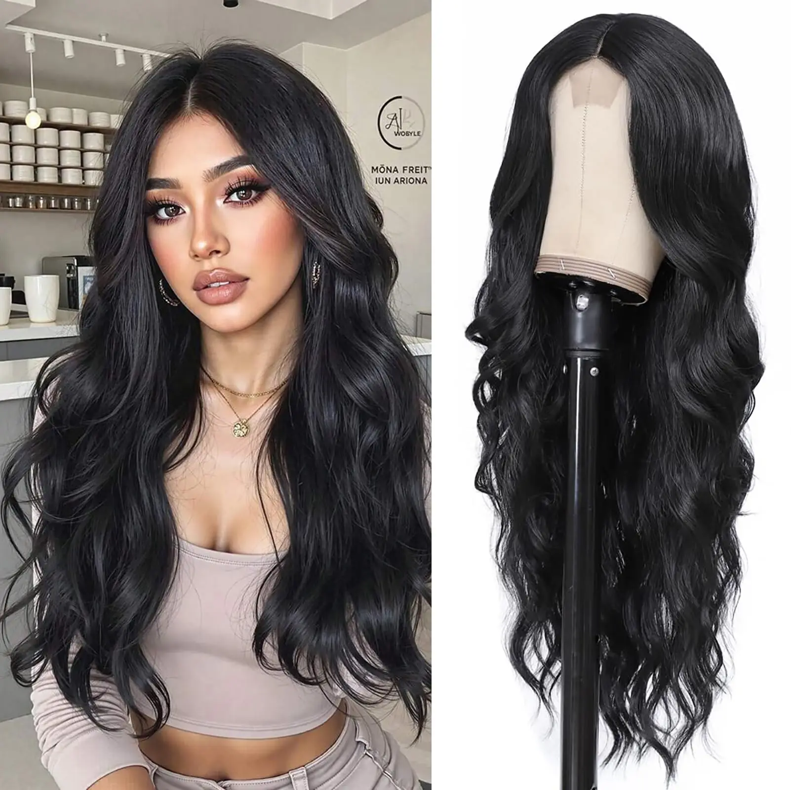 Black long wavy synthetic wig, Halloween wig, cosplay wig, role-playing wig, daily party wig, high-temperature hair accessory