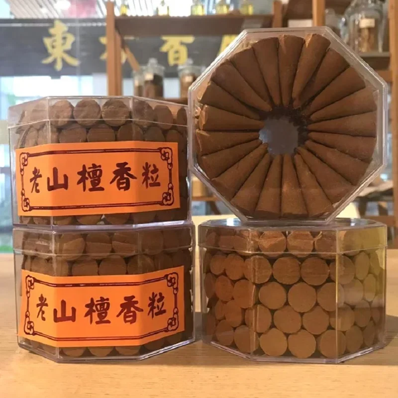 100Pcs Natural Tower Cone Incense Sandalwood Wormwood Pellets Octagonal Box Indoor Aromatherapy Buddhist Worship Home Use