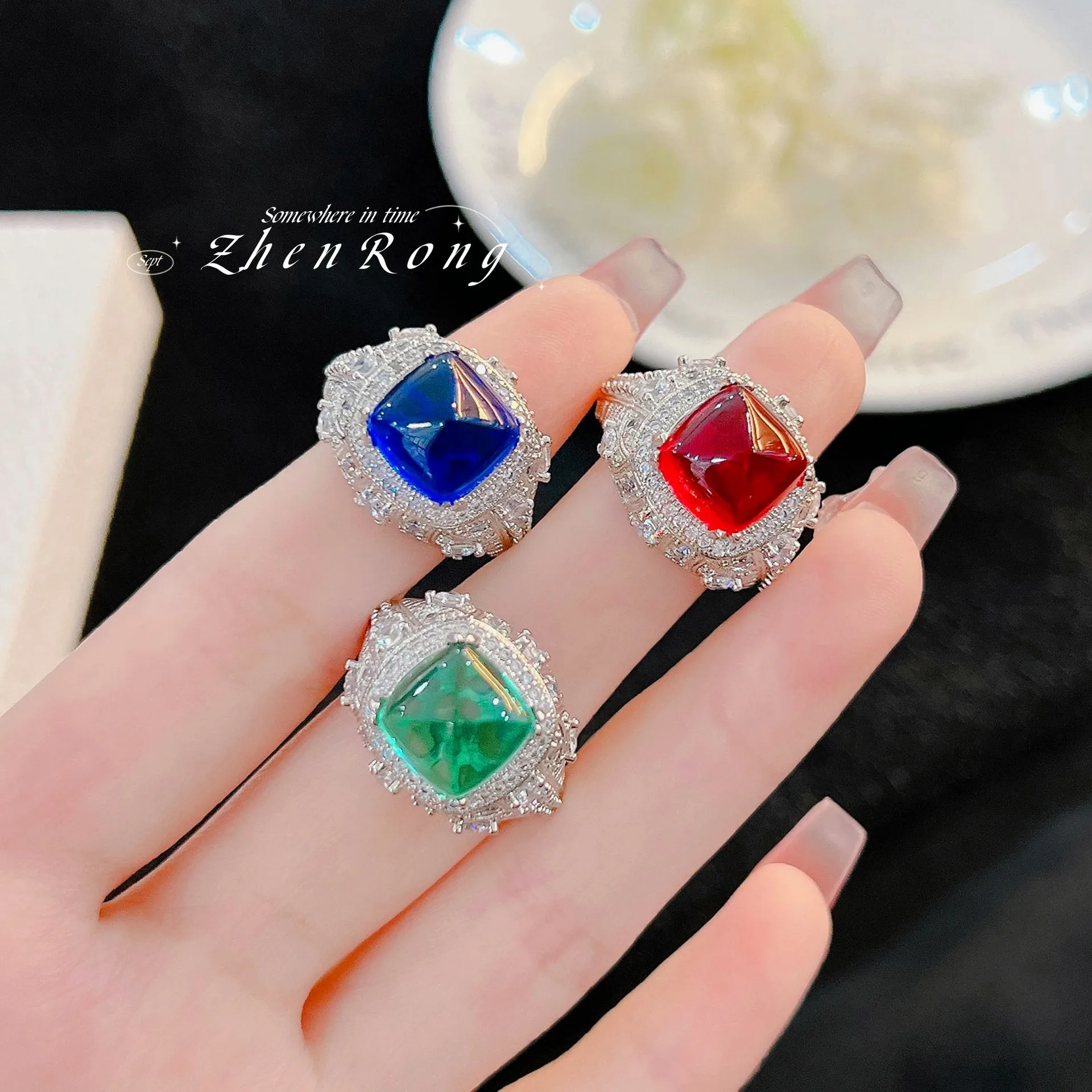 Foydjew Luxury Elegant Multicolor Green Sugar Tower Crystal Rings Female Fashion All Match Silver Color Jewelry For Women