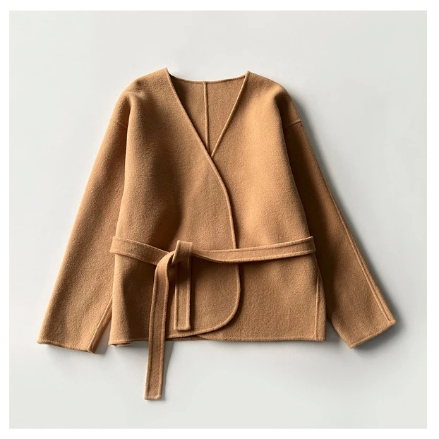 

Coats and Jackets Women Curved Lace-up Waist Wool Cashmere-blend Double-sided Women Coat