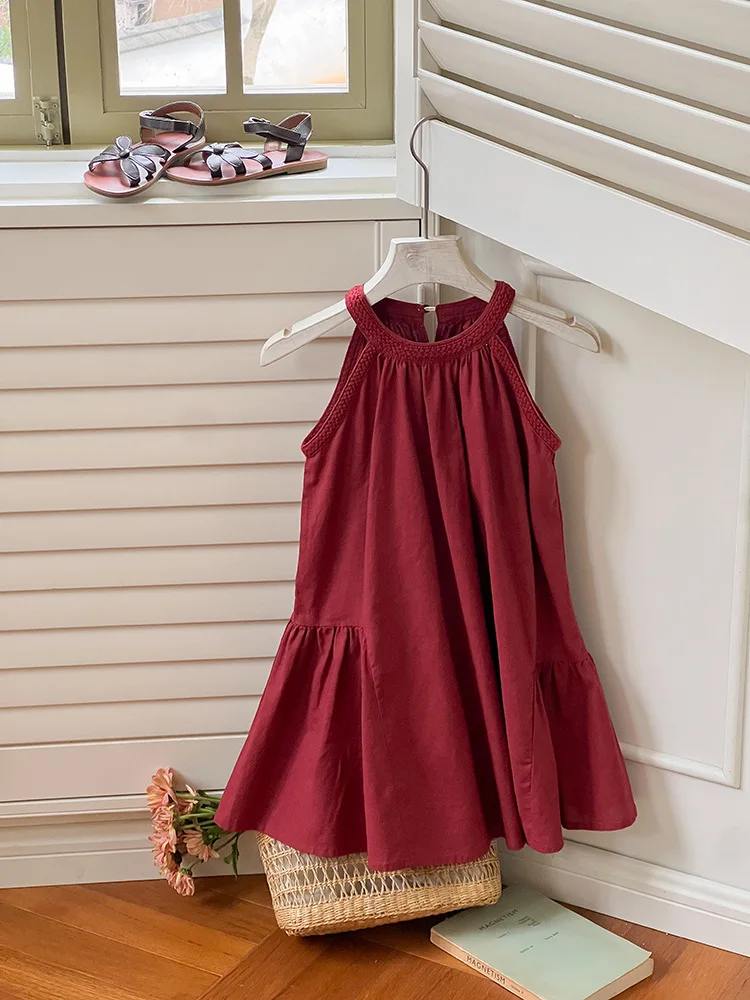 2025 Summer Children's Medium to Long Princess Skirt with Elegant Style and Girl's Large Skirt with Hanging Neck Dress