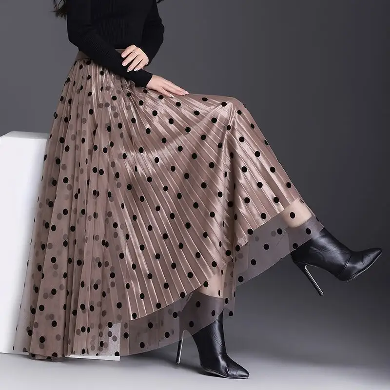 New Polka Dot Mesh Skirt  Women High Waist A Line Long Skirt Two Side Wear Pleated Skirts Print Harajuku Vintage Clothes Fashion
