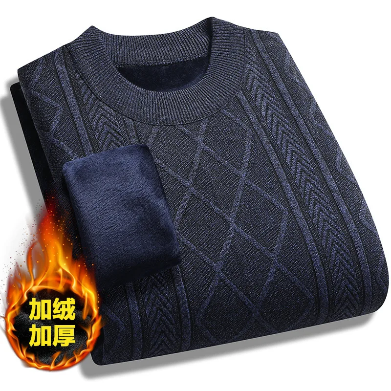 

Autumn Winter Men's Fleece Lined Thickened Warm Sweater Korean Fashion Knitted Streetwear Pullovers Bottom Shirts