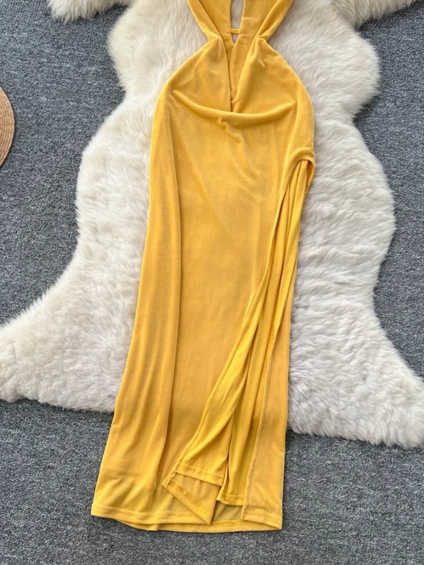 Foamlina Pure Desire Hot Girl Cutout Halter Strap Dress Women 2025 Summer European Design Bodycon High Split Slit Maxi Dress