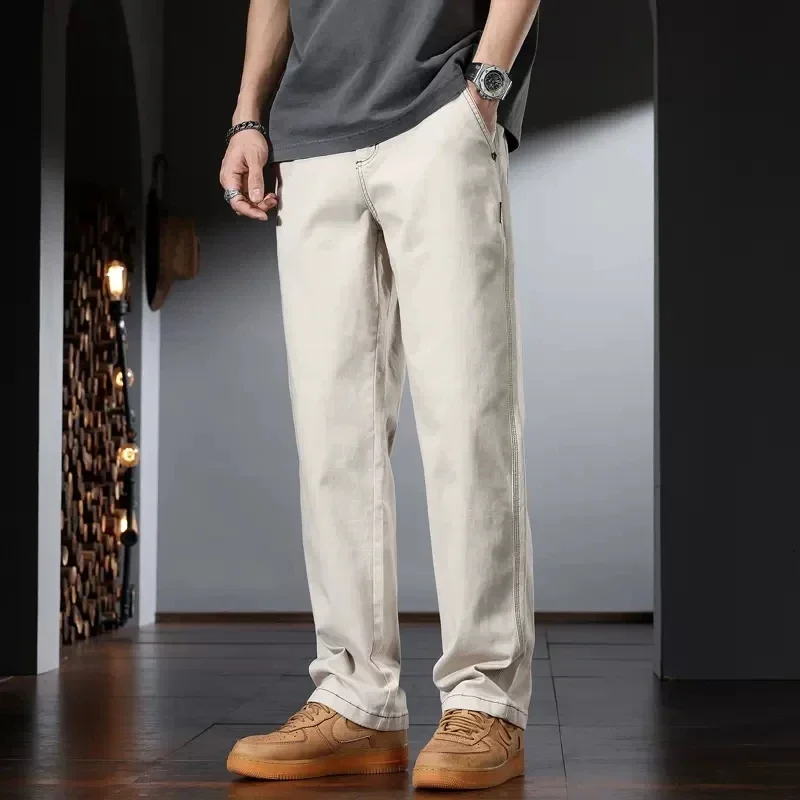 Baggy Cotton Men's Wide Leg Pants Summer Casual Beige Elastic Waist Trousers CP2262