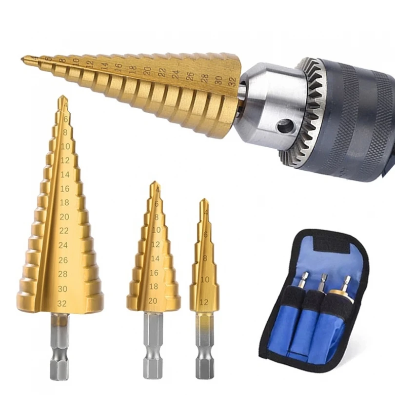 Punta da trapano a gradino HSS 3 pezzi 4-12mm 4-20mm 4-32mm scanalatura dritta utensili per la lavorazione del legno rivestiti in titanio per nucleo di taglio del foro
