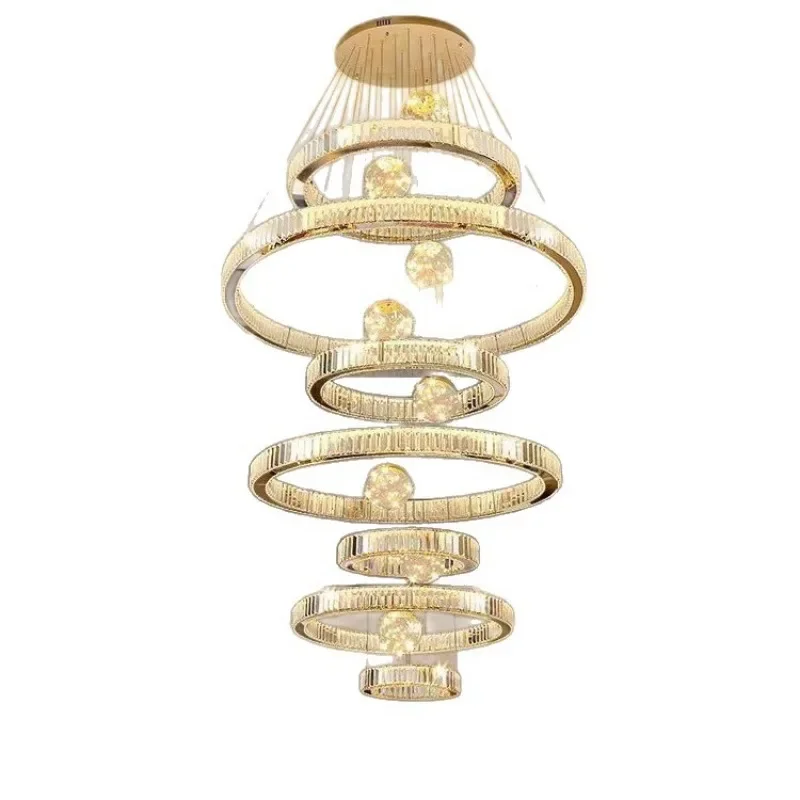 

Villa duplex building chandelier, living room, empty stairs, light luxury crystal lamp, building hall