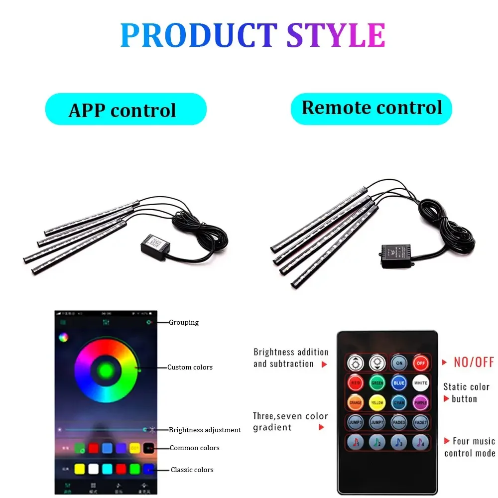 4Pcs APP Car LED Strip Lamp Foot Floor Decoration Bulb RGB Interior Atmosphere Light Auto USB Wireless Remote Music Control