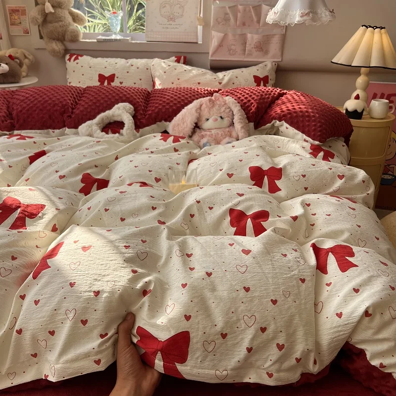 Bean Fleece Duvet Cover Bowknot Printed funda nordica 150 Skin-friendly Warm Quilt Cover for Winter 이불커버 (No Pillowcase)