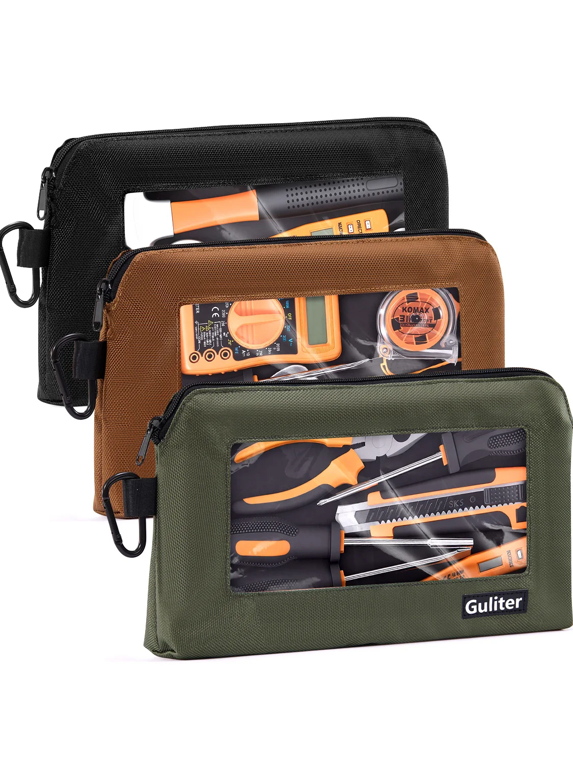 Multi-Purpose Tool Pouch 3 Pack,Zipper Tool Bag 1680D Oxford Cloth,Clear PVC Window with Carabiner Clip,12 Inch