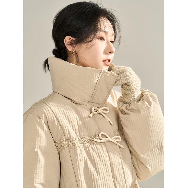 INMAN Women Down Jacket Winter Long Sleeve Stand Collar White Duck Down Coat Bow Decoration Elastic Cuff Casual Khaki Outwear