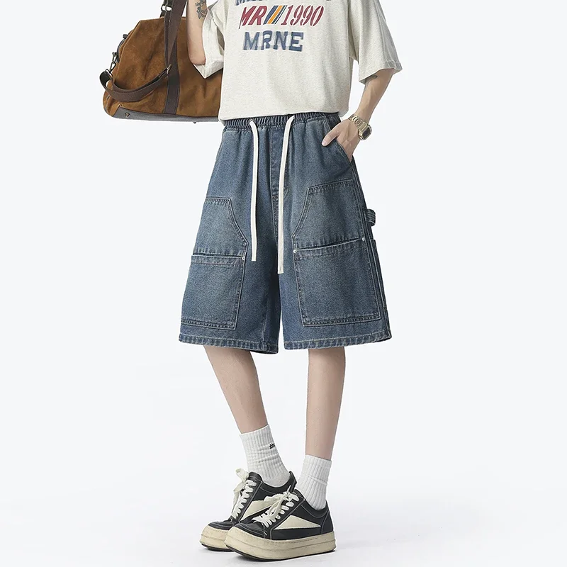 อเมริกันแฟชั่น Street Workwear กางเกงยีนส์กางเกงขาสั้นฤดูร้อนบางหลวมสบายๆห้ากางเกง Harajuku สไตล์ Rivet กางเกงขาสั้น Hip-Hop