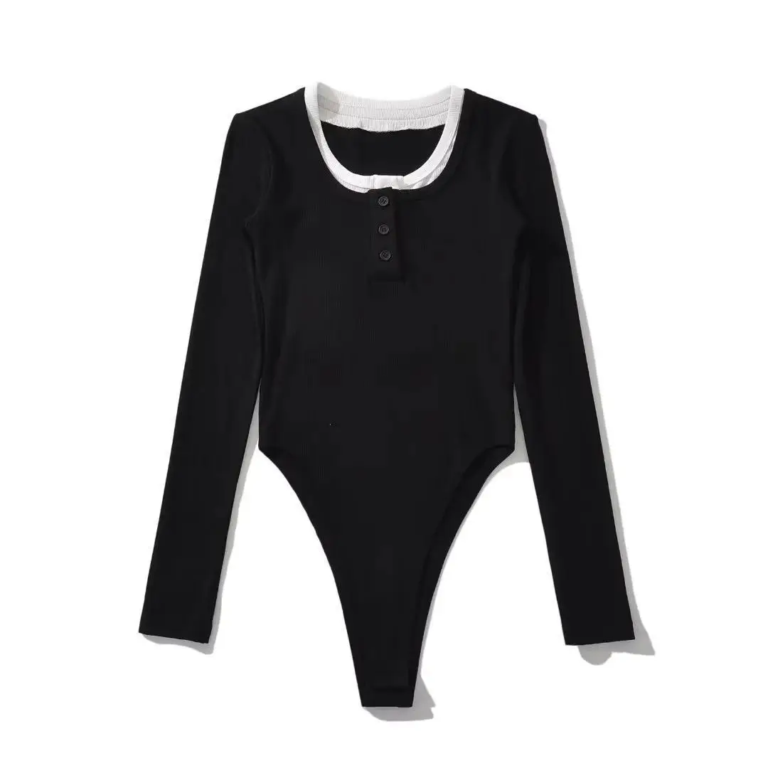 Vrouwen Nep Twee Gebreide Bodysuits Lente Herfst Lange Mouw V-Hals Knopen Top Jumpsuits