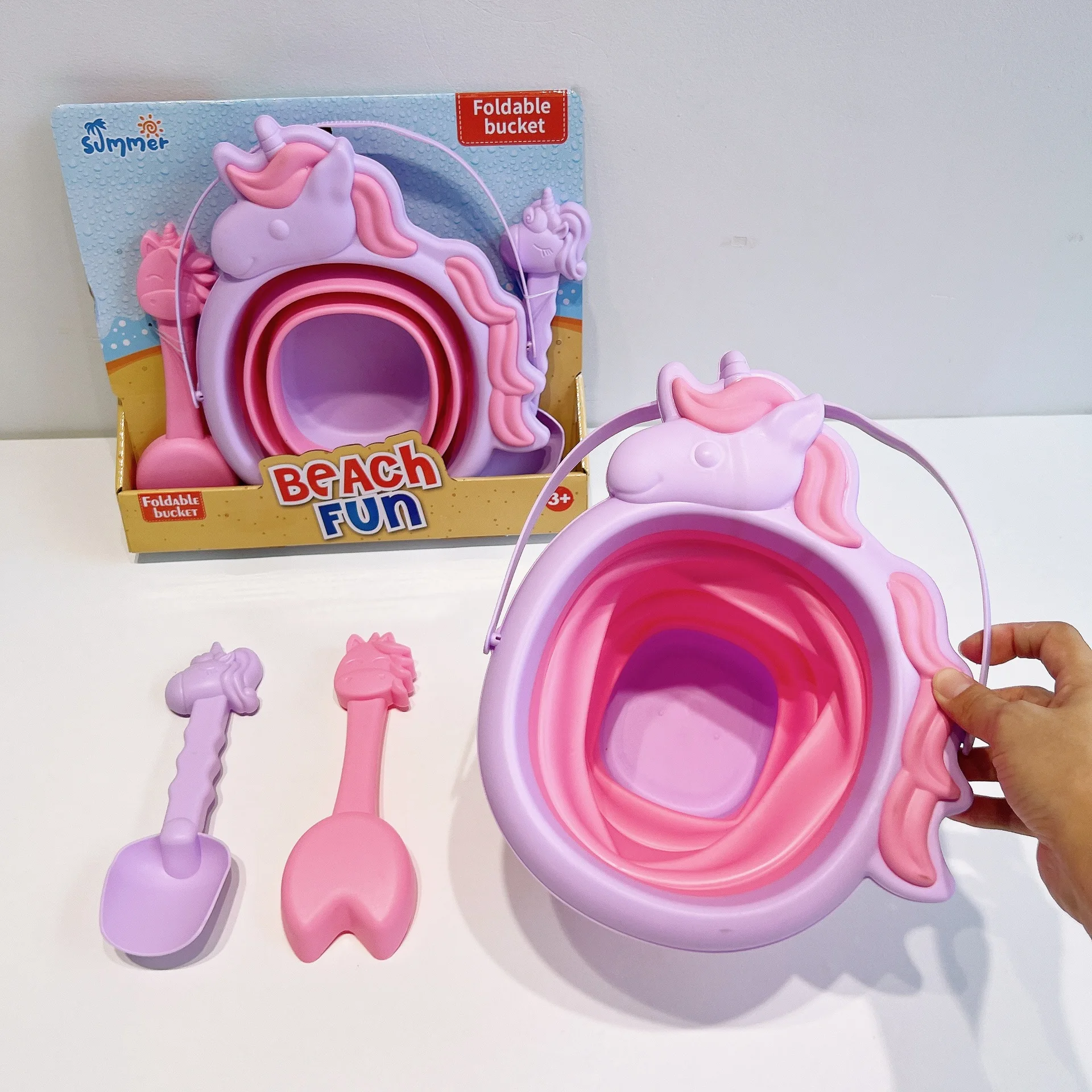 휴대용 해변 모래놀이 및 물놀이 장난감, 부드러운 고무 접이식 양동이, 모래삽