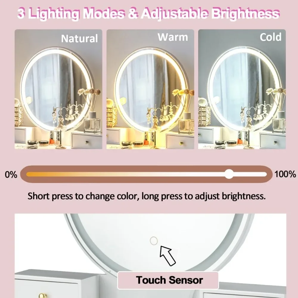 Dresser set with touch screen dimmer mirror, 3 color lighting modes with 4 sliding drawers, modern bedroom dressing table