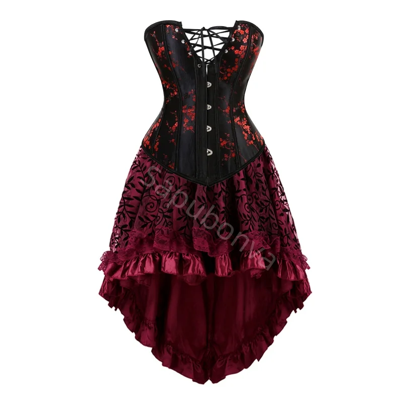

Корсет-бюстье для женщин, большие размеры, костюм для бурлеска, сексуальный комплект с юбкой-пачкой, викторианский корсет, красный, черный, большие размеры