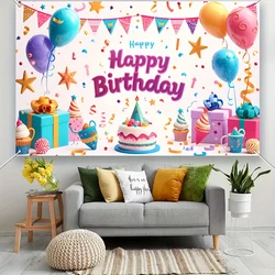 Colorful Large Happy Birthday Banner - Indoor/Outdoor Party Decoration with Birthday Theme featuring Balloons, Cakes, and Gifts